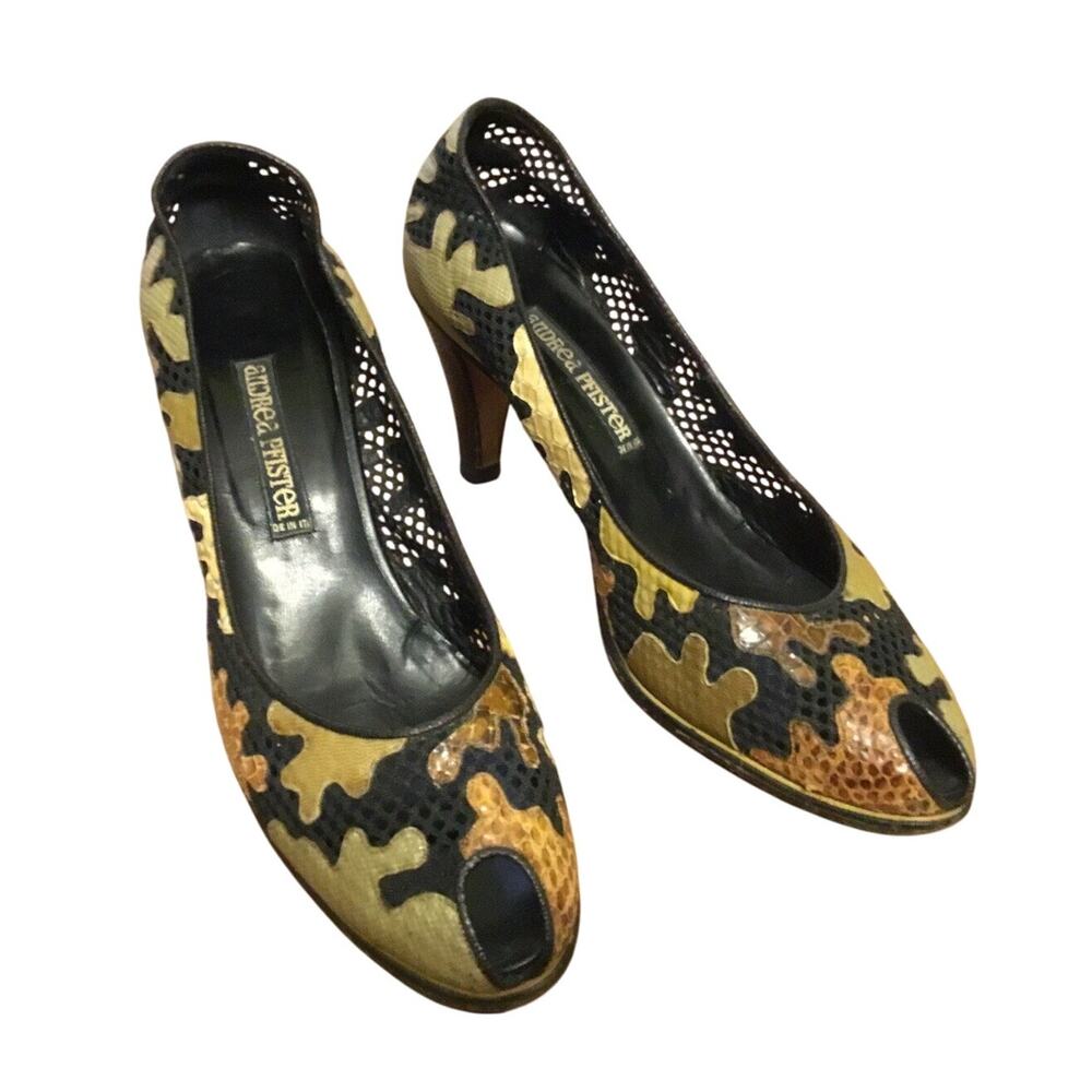 Vintage Andrea Pfister Black mesh Multi snake skin appliqué peep toe Pump